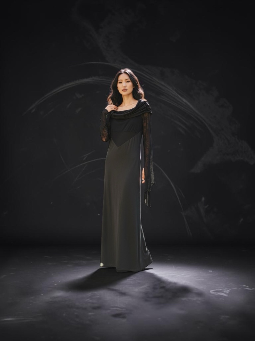 NWOT Womens Large Stretch Elegant Black Long Sleeve Gown sheer v & sleeves